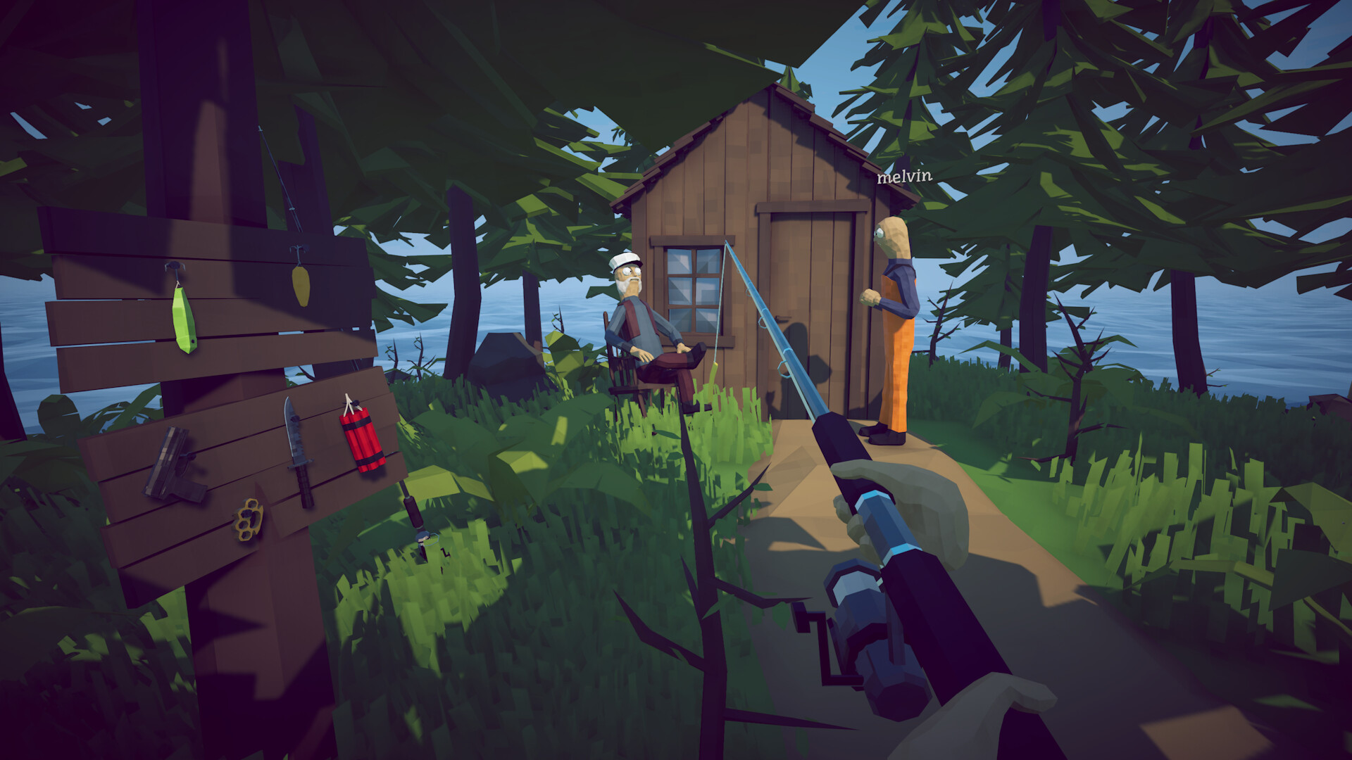 First-person fishing gameplay on a How to Fish island